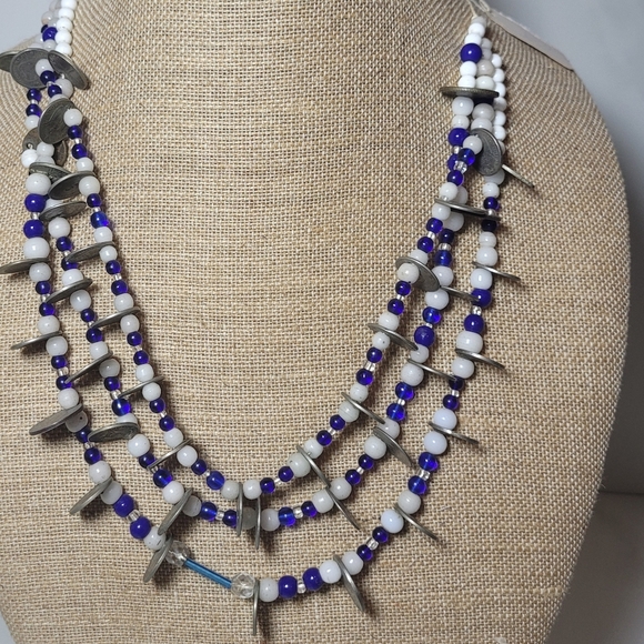 Otavalo 3 Strand Trade Bead Glass & 5 Centavo Coins Necklace Blue & White 24" - Picture 6 of 14